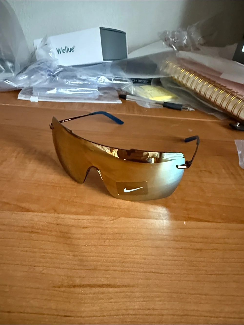 Nike Gold mirror meridian Shield Sunglasses with Blue Temples